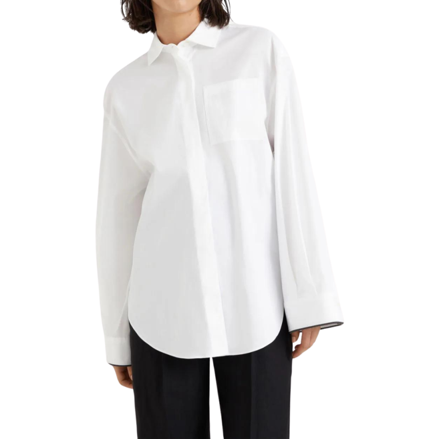 chemise BRUNELLO CUCINELLI manche évasée popeline coton blanc bordure noire