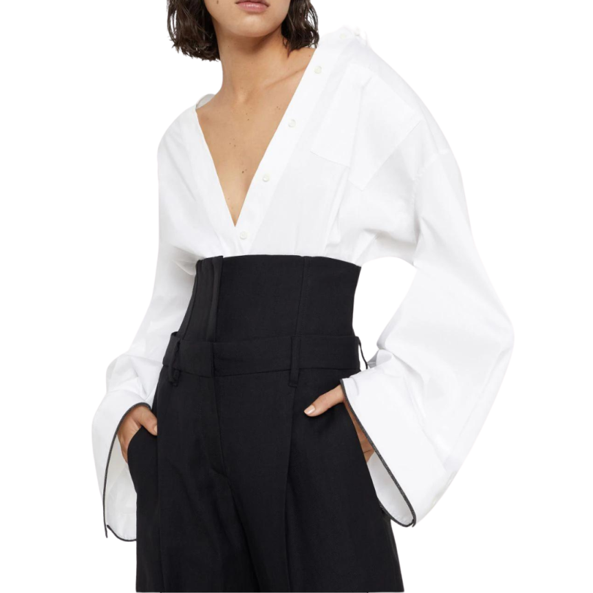 chemise BRUNELLO CUCINELLI manche évasée popeline coton blanc bordure noire