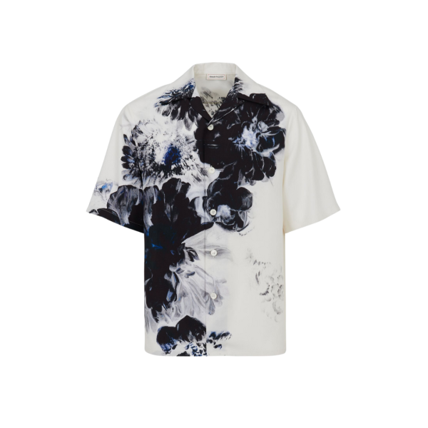 Chemise ALEXANDER MCQUEEN Hawaïenne Dutch Flower soie blanc fleurs noir bleu