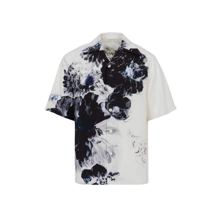 Chemise ALEXANDER MCQUEEN Hawaïenne Dutch Flower soie blanc fleurs noir bleu