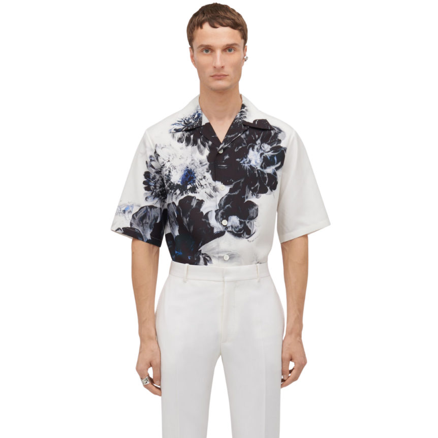 Chemise ALEXANDER MCQUEEN Hawaïenne Dutch Flower soie blanc fleurs noir bleu