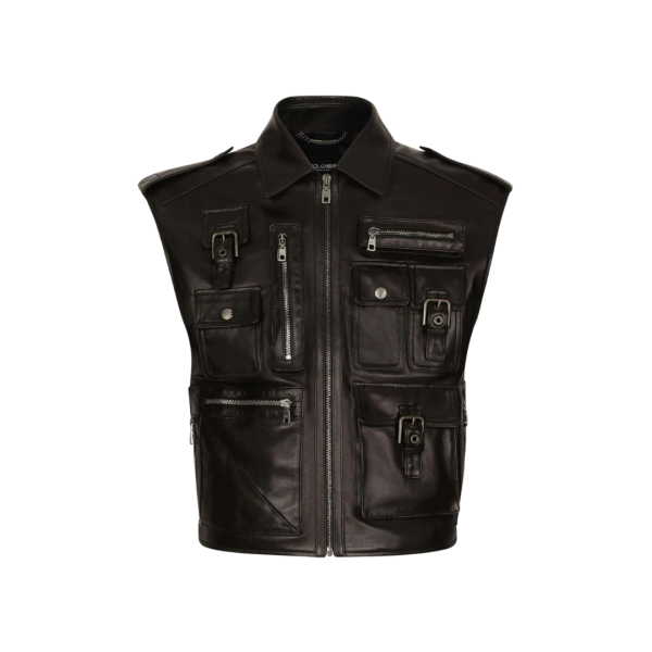 Gilet blouson DOLCE & GABBANA zippé cuir veau noir multipoches boucles