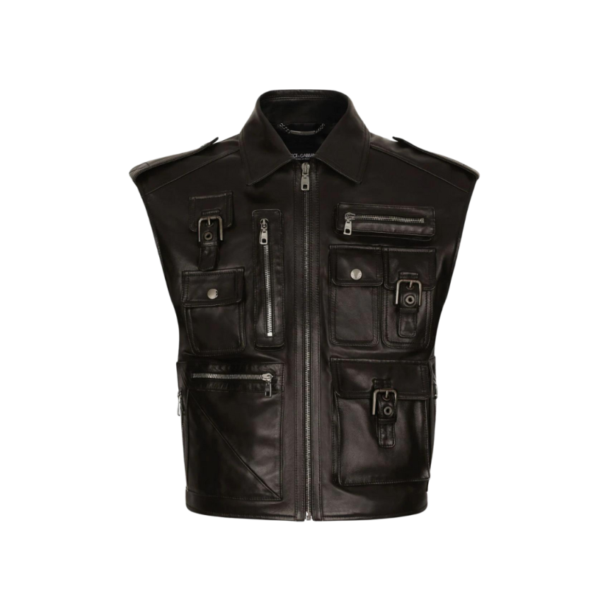 Gilet blouson DOLCE & GABBANA zippé cuir veau noir multipoches boucles