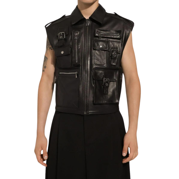 Gilet blouson DOLCE & GABBANA zippé cuir veau noir multipoches boucles
