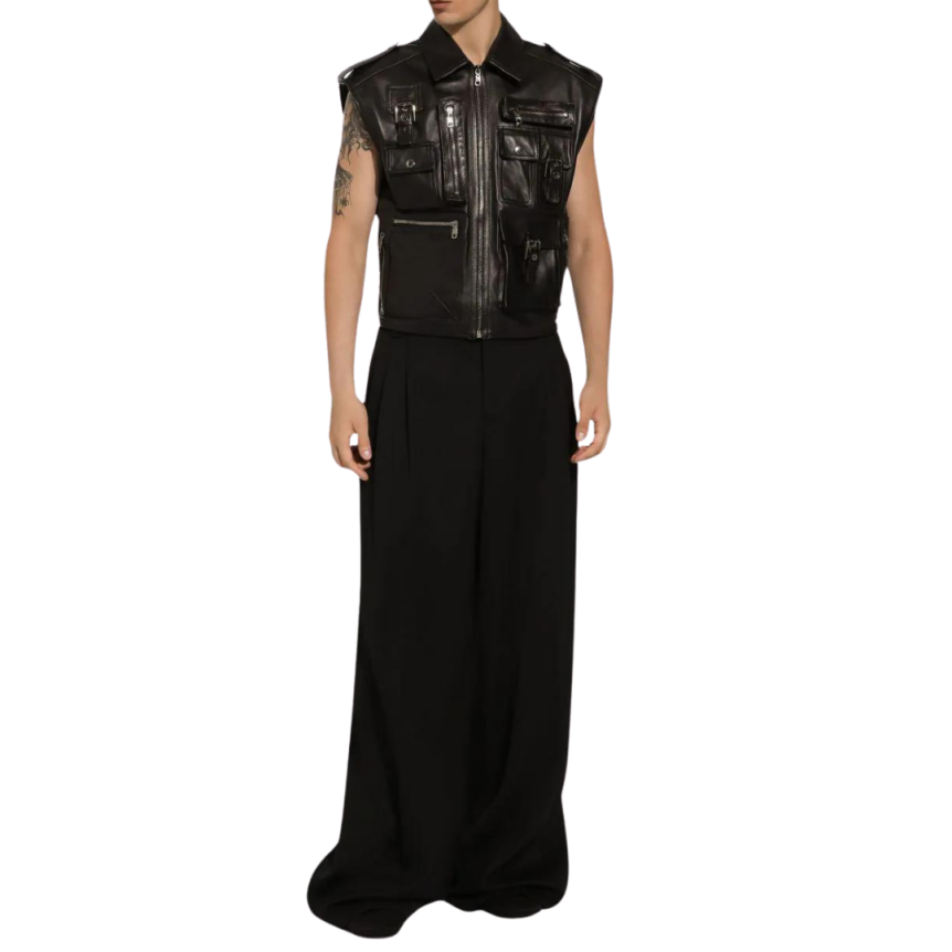 Gilet blouson DOLCE & GABBANA zippé cuir veau noir multipoches boucles