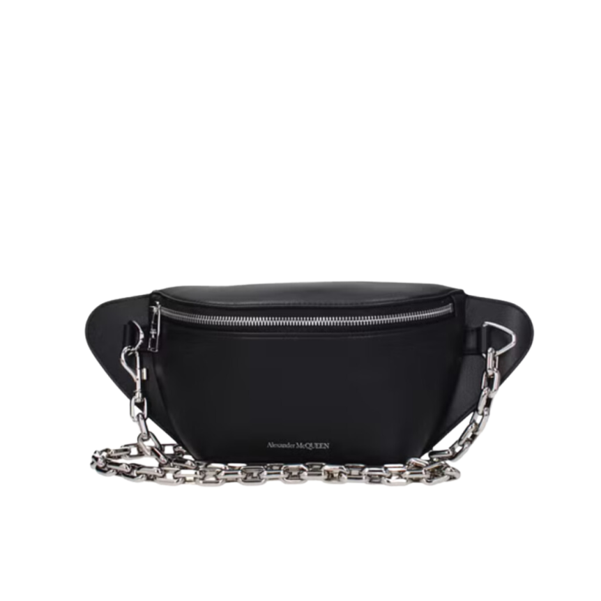 Sac Banane ALEXANDER MCQUEEN cuir noir poche zippée chaine argent