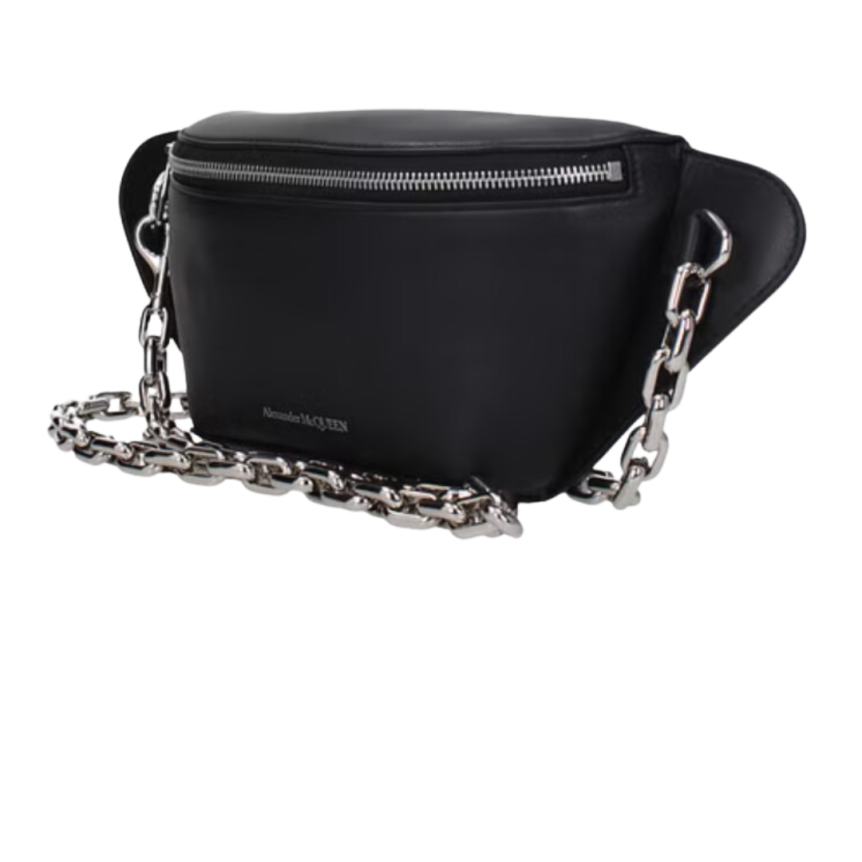 Sac Banane ALEXANDER MCQUEEN cuir noir poche zippée chaine argent