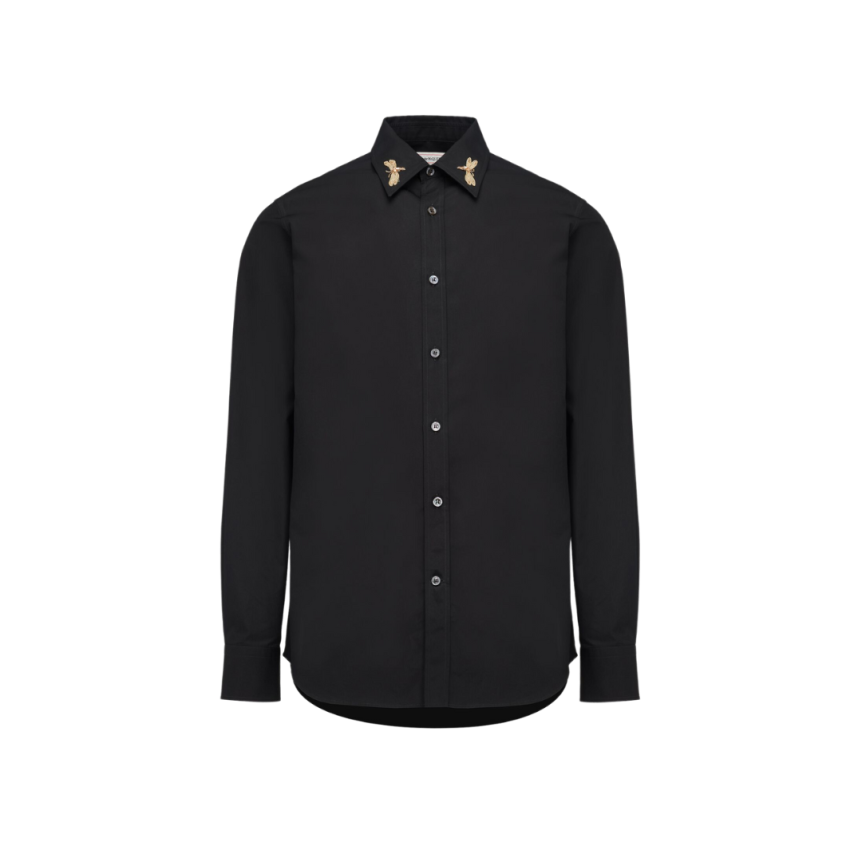 Chemise ALEXANDER MCQUEEN coton noir col broderie Dragonfly dorée