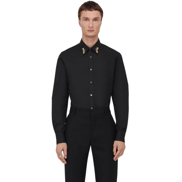 Chemise ALEXANDER MCQUEEN coton noir col broderie Dragonfly dorée