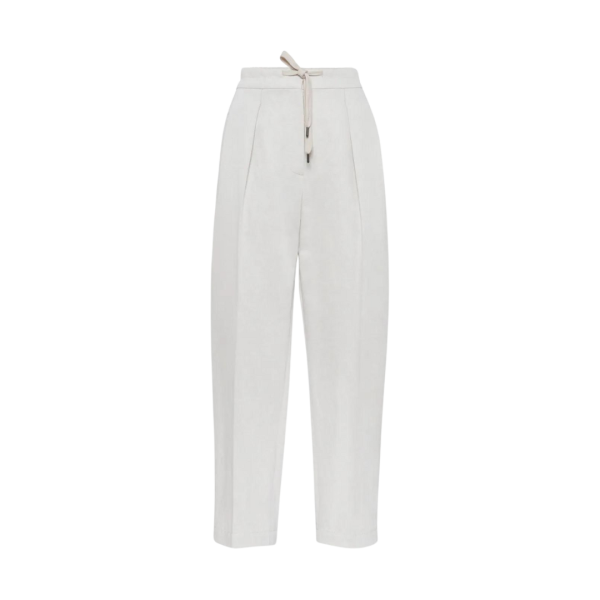 Pantalon droit BRUNELLO CUCINELLI taille haute cordon coton lin écru