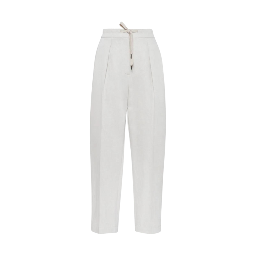 Pantalon droit BRUNELLO CUCINELLI taille haute cordon coton lin écru