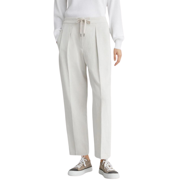 Pantalon droit BRUNELLO CUCINELLI taille haute cordon coton lin écru