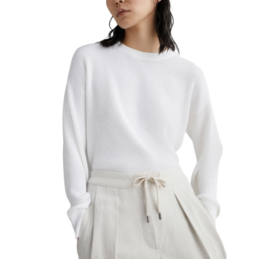 Pantalon droit BRUNELLO CUCINELLI taille haute cordon coton lin écru