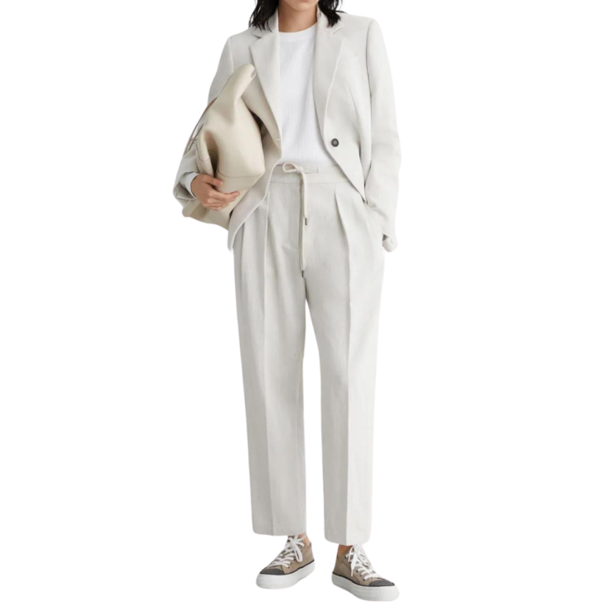 Pantalon droit BRUNELLO CUCINELLI taille haute cordon coton lin écru