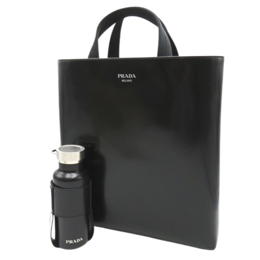 Sac cabas PRADA Spazzolato cuir noir logo blanc