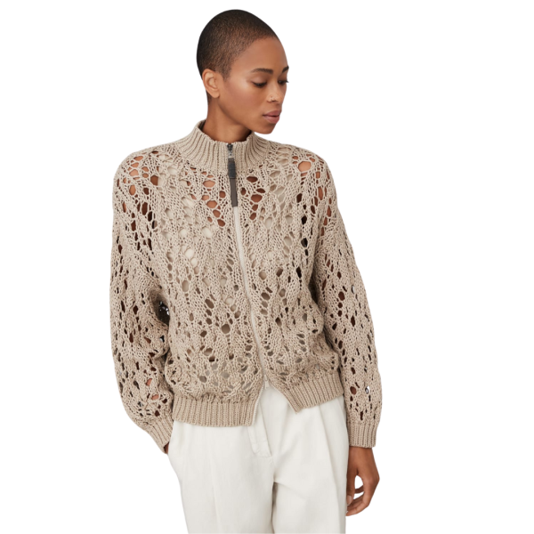 Cardigan zippé BRUNELLO CUCINELLI Lace Stitch coton Soft Piuma crochet beige