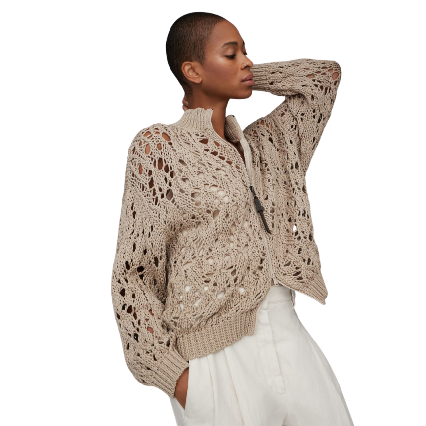 Cardigan zippé BRUNELLO CUCINELLI Lace Stitch coton Soft Piuma crochet beige