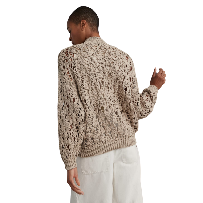 Cardigan zippé BRUNELLO CUCINELLI Lace Stitch coton Soft Piuma crochet beige