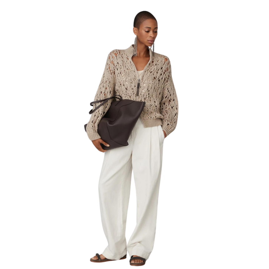 Cardigan zippé BRUNELLO CUCINELLI Lace Stitch coton Soft Piuma crochet beige