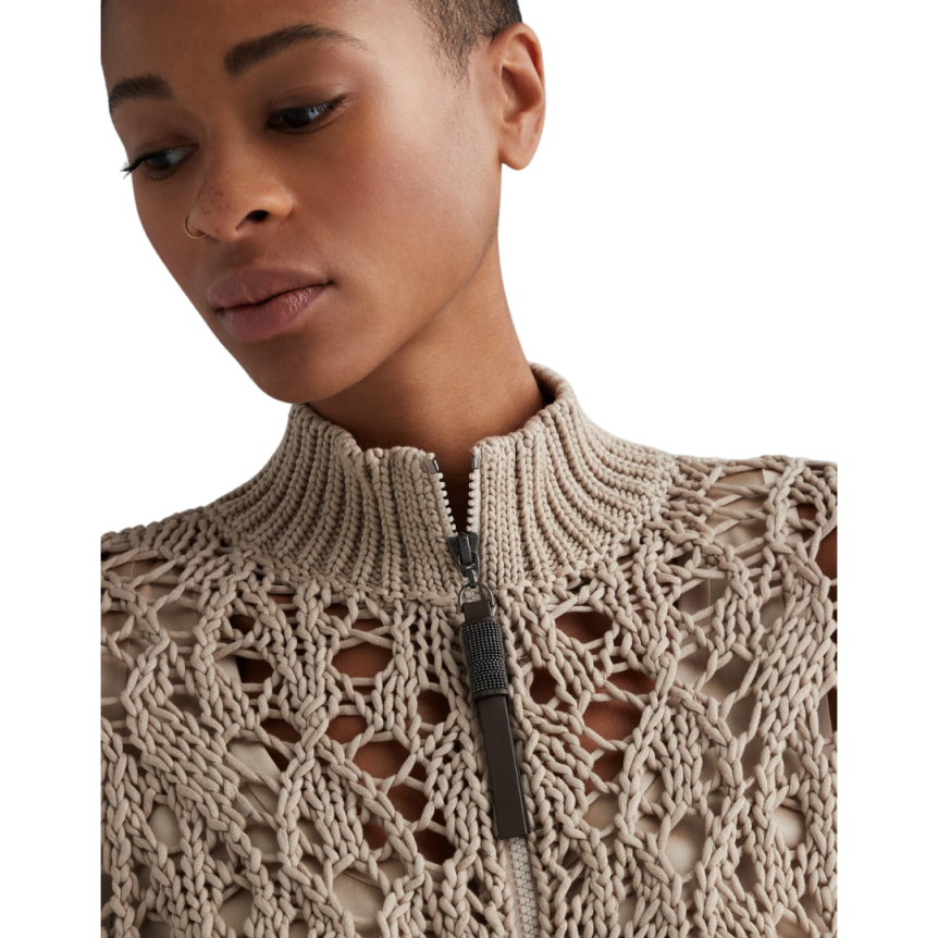 Cardigan zippé BRUNELLO CUCINELLI Lace Stitch coton Soft Piuma crochet beige