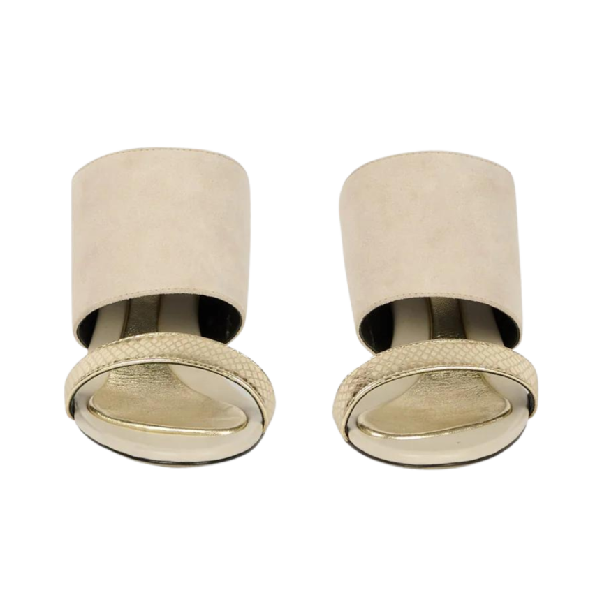 Mules BARBARA BUI talon bande daim ivoire cuir or