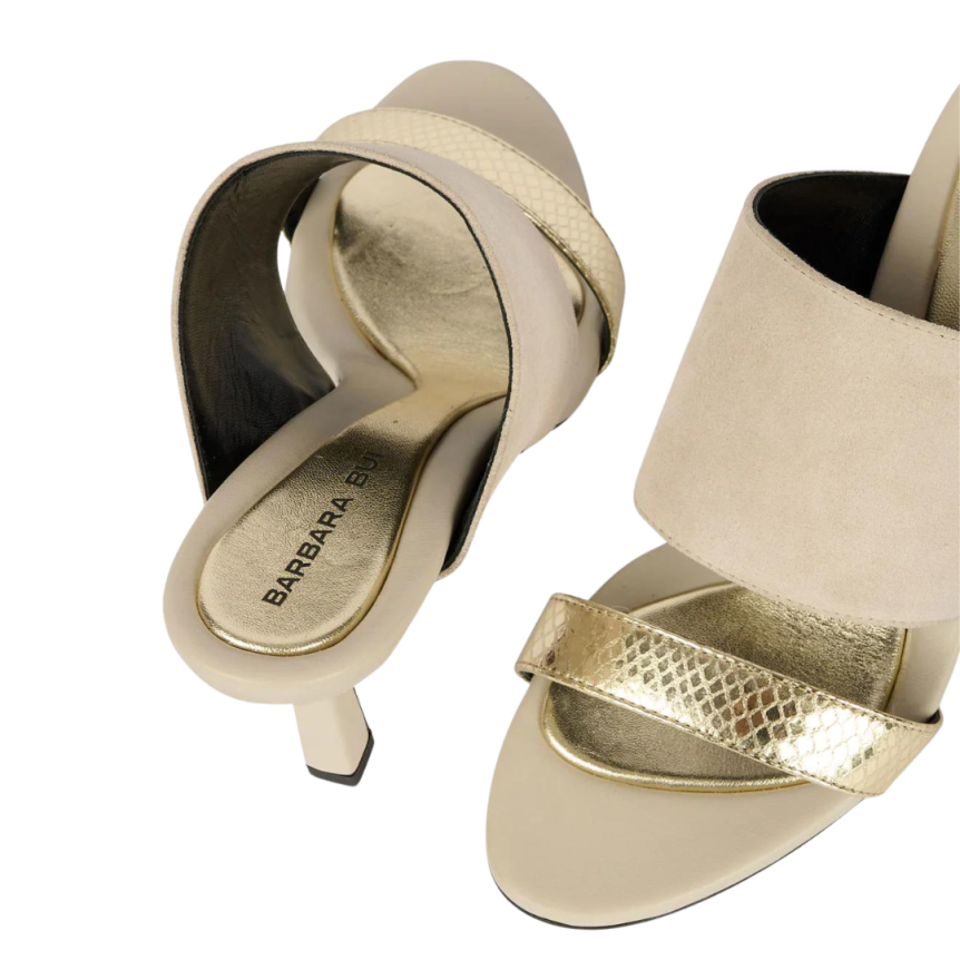 Mules BARBARA BUI talon bande daim ivoire cuir or