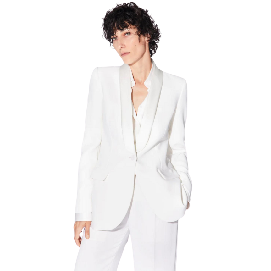 Veste de costume Blazer BARBARA BUI cintré crêpe blanc col satin