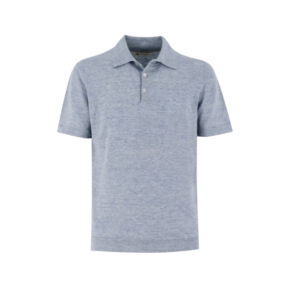 Polo BRUNELLO CUCINELLI lin coton bleu ciel flammé col italien côtelé