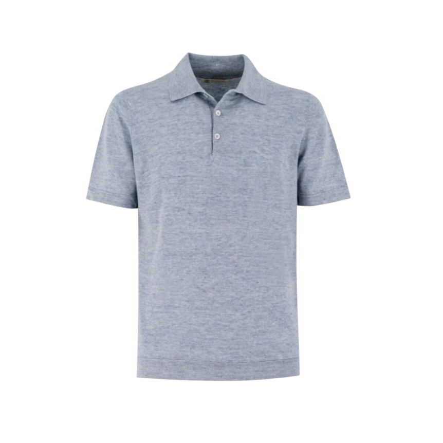 Polo BRUNELLO CUCINELLI lin coton bleu ciel flammé col italien côtelé