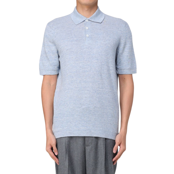 Polo BRUNELLO CUCINELLI lin coton bleu ciel flammé col italien côtelé