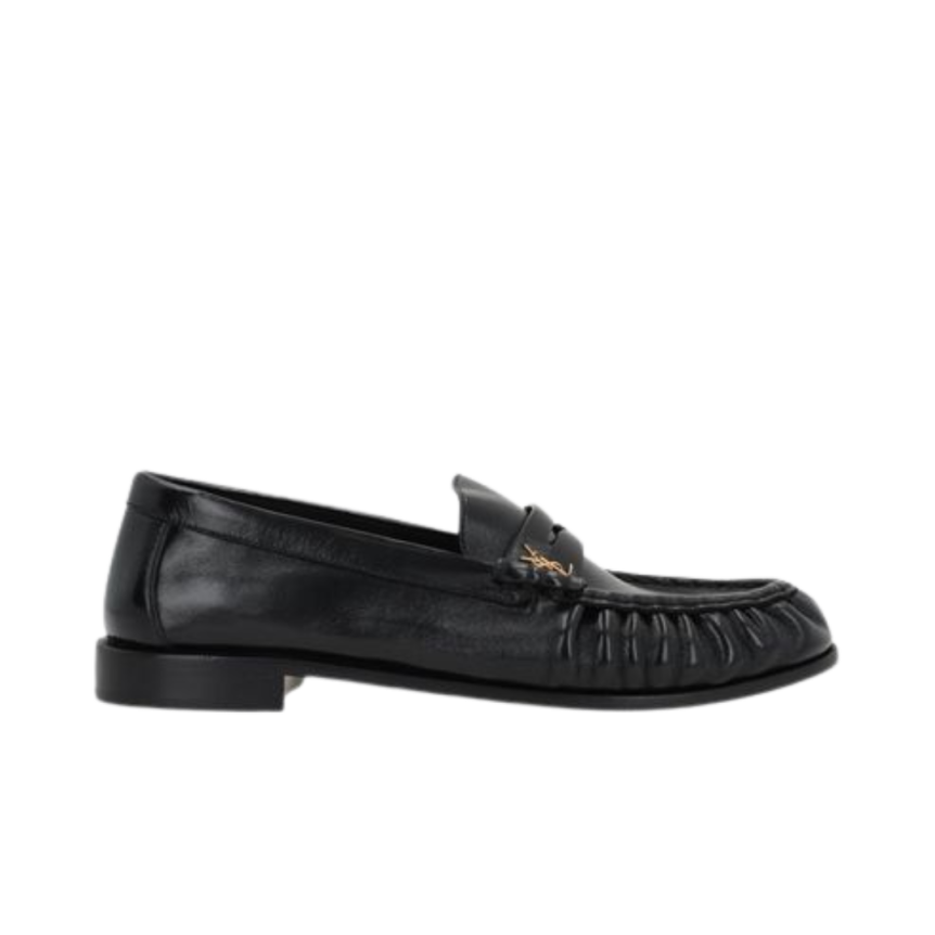 Mocassins Cassandre cuir plissé noir logo YSL doré