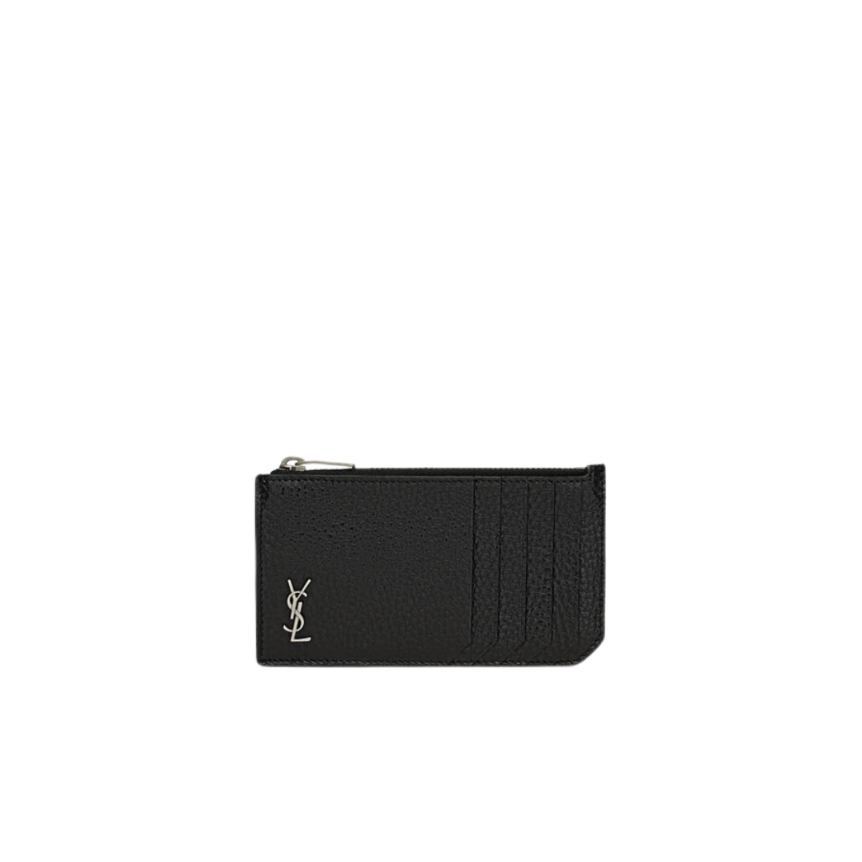 porte-cartes zippé SAINT LAURENT Tiny Cassandre Fragments cuir grainé noir
