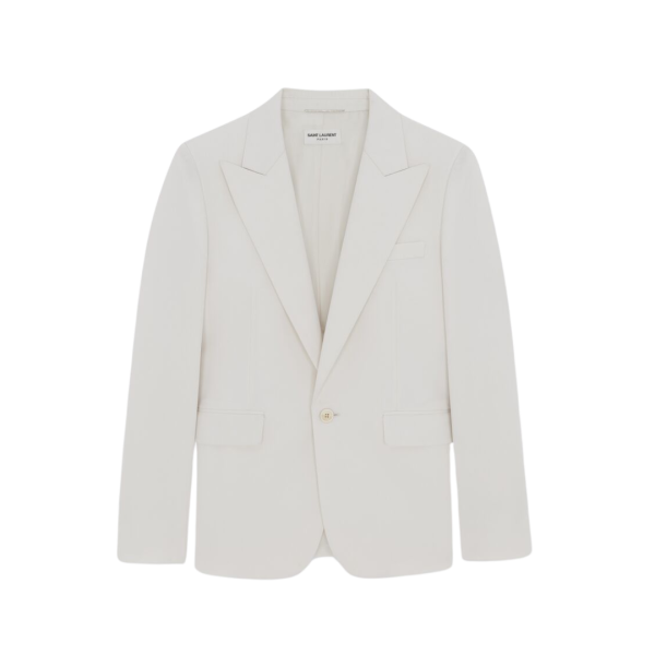 veste simple boutonnage SAINT LAURENT col flèche gabardine laine vierge craie