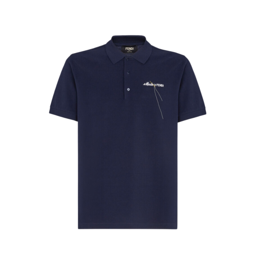 FENDI Polo classique piqué de coton bleu broderie Made in Fendi