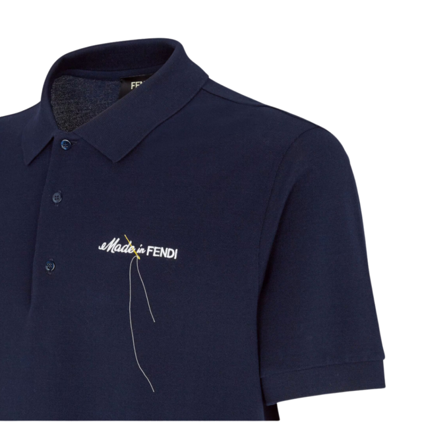 FENDI Polo classique piqué de coton bleu broderie Made in Fendi