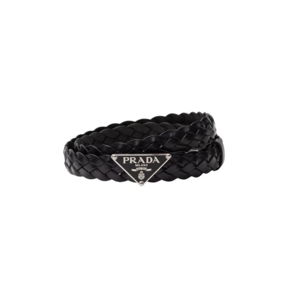Ceinture PRADA cuir noir tresse logo triangle métal