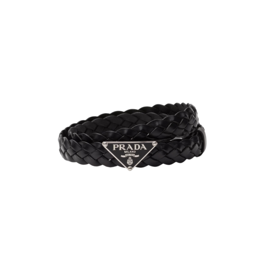 Ceinture PRADA cuir noir tresse logo triangle métal