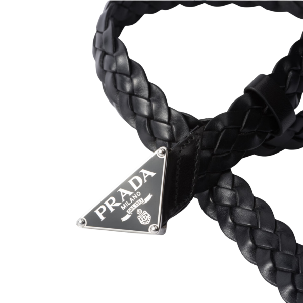 Ceinture PRADA cuir noir tresse logo triangle métal