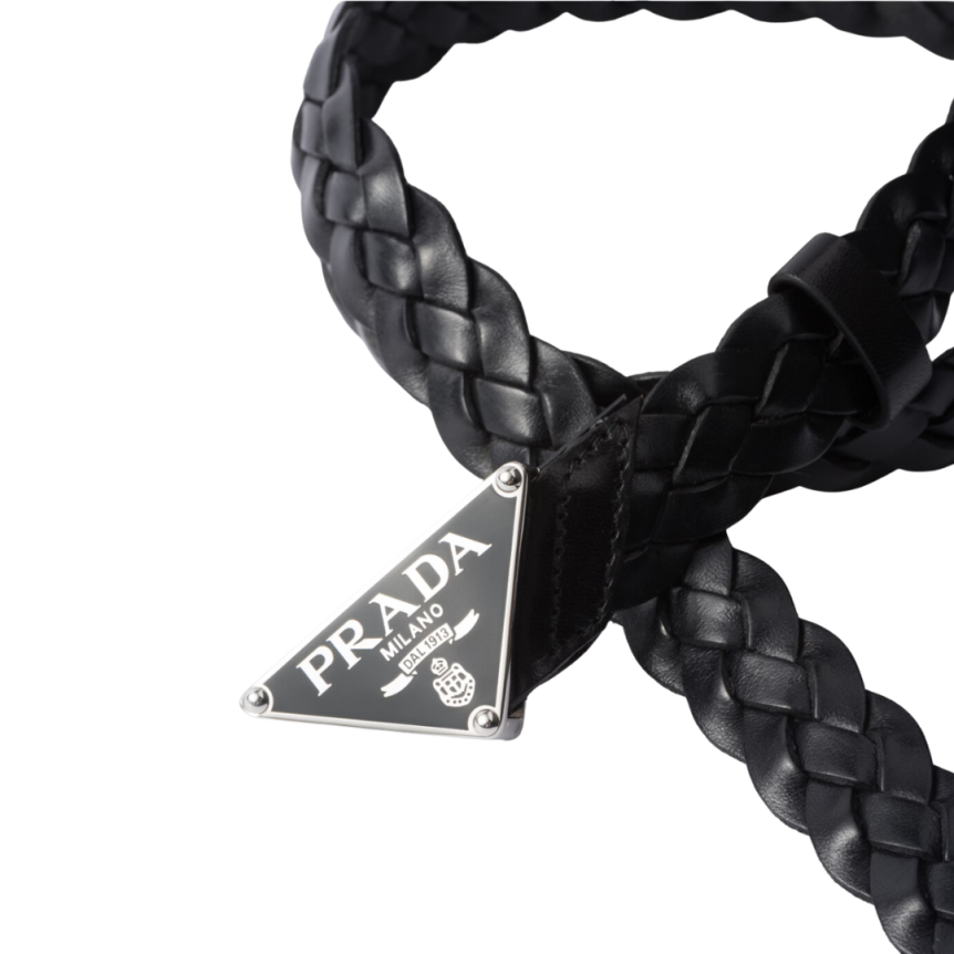 Ceinture PRADA cuir noir tresse logo triangle métal