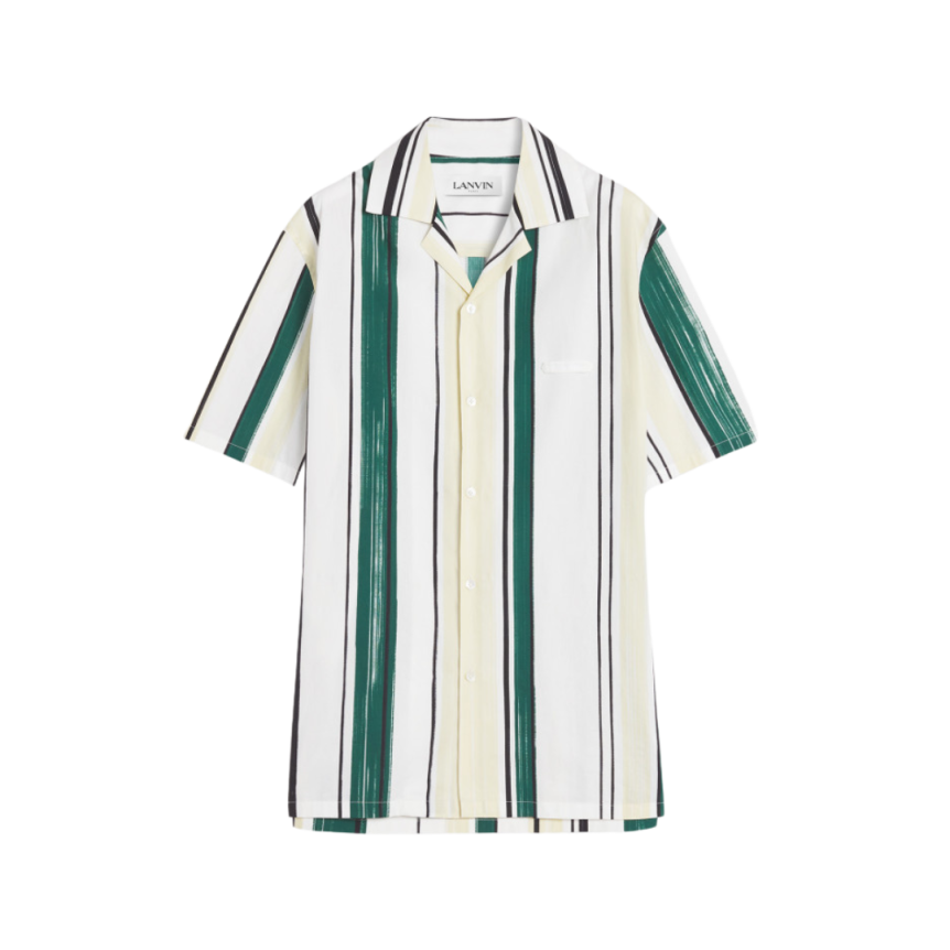 Chemise LANVIN bowling coton blanc rayures vert jaune