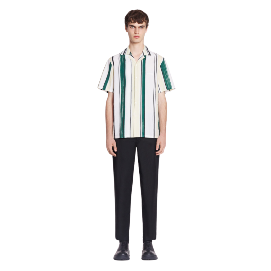 Chemise LANVIN bowling coton blanc rayures vert jaune