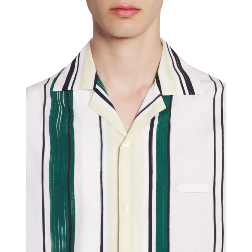 Chemise LANVIN bowling coton blanc rayures vert jaune