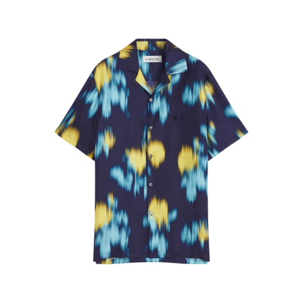 Chemise bowling LANVIN twill de soie bleu marine imprimé fleurs floues