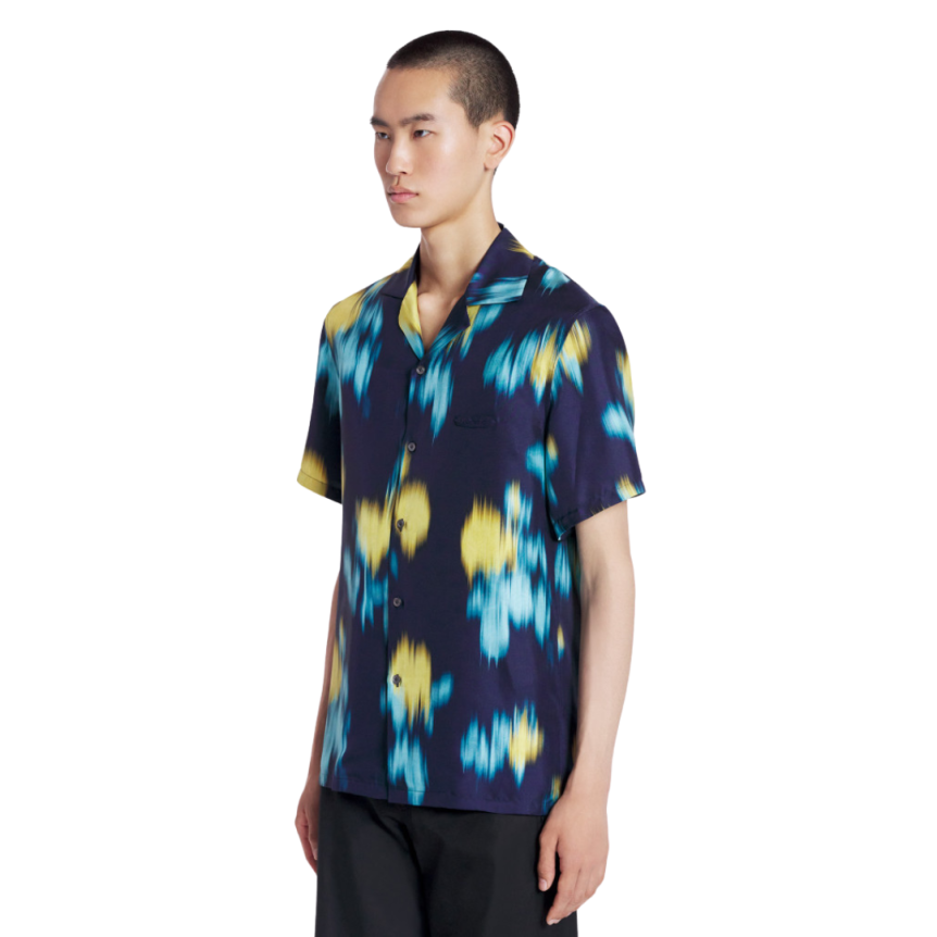 Chemise bowling LANVIN twill de soie bleu marine imprimé fleurs floues