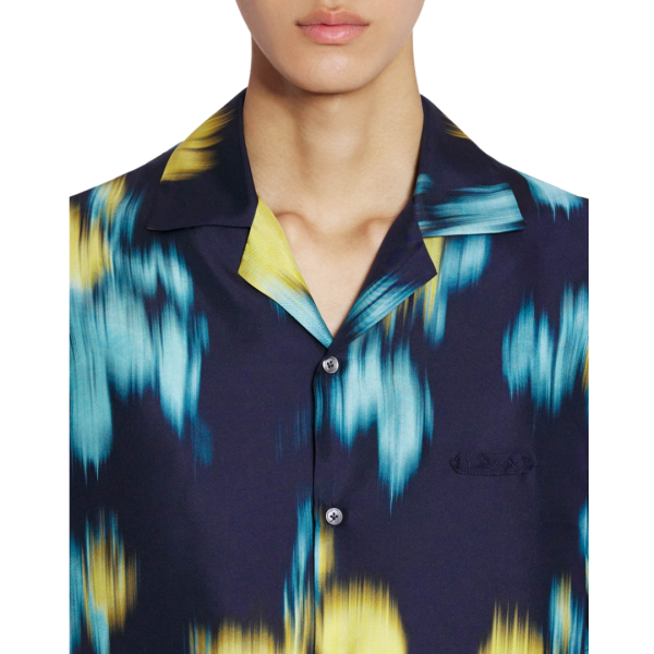 Chemise bowling LANVIN twill de soie bleu marine imprimé fleurs floues