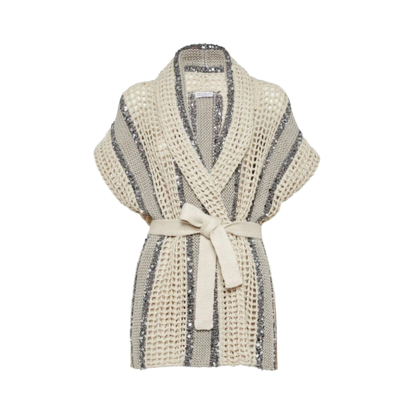 Cardigan BRUNELLO CUCINELLI maille crochet gris beige sequins ceinture