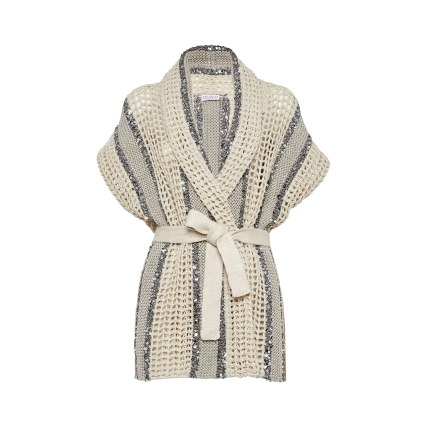 Cardigan BRUNELLO CUCINELLI maille crochet gris beige sequins ceinture