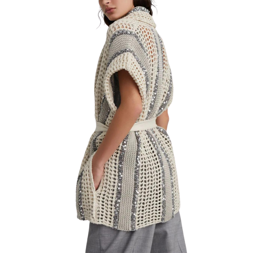 Cardigan BRUNELLO CUCINELLI maille crochet gris beige sequins ceinture