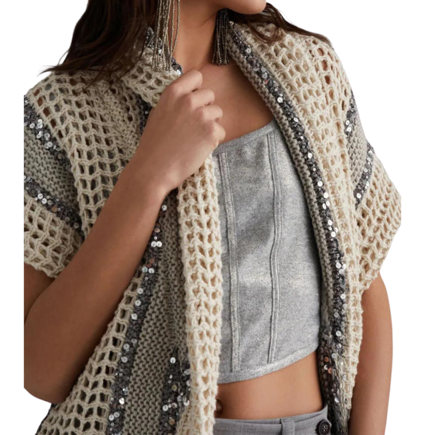 Cardigan BRUNELLO CUCINELLI maille crochet gris beige sequins ceinture