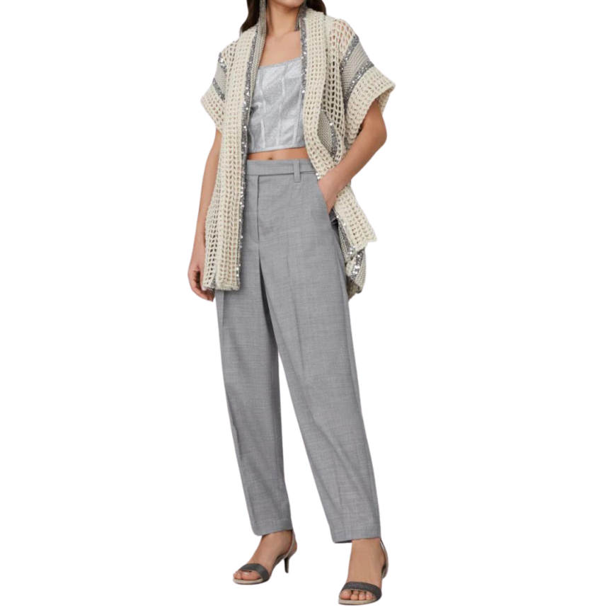 Cardigan BRUNELLO CUCINELLI maille crochet gris beige sequins ceinture